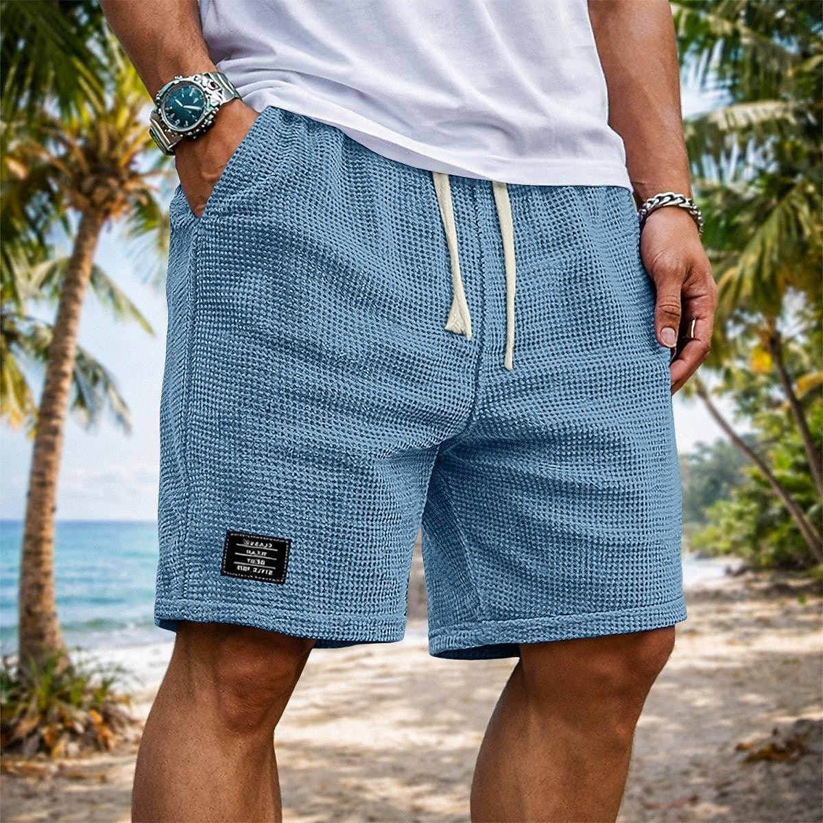 Herr Våffelshorts Shorts Sommarshorts Beach Shorts Casual shorts Snörning Elastisk midja Ensfärgat Slät Komfort Andningsfunktion Knelängd Dagligen Utomhus Streetwear Semester Mode Svart Vit 2026 - $20.99 –P5