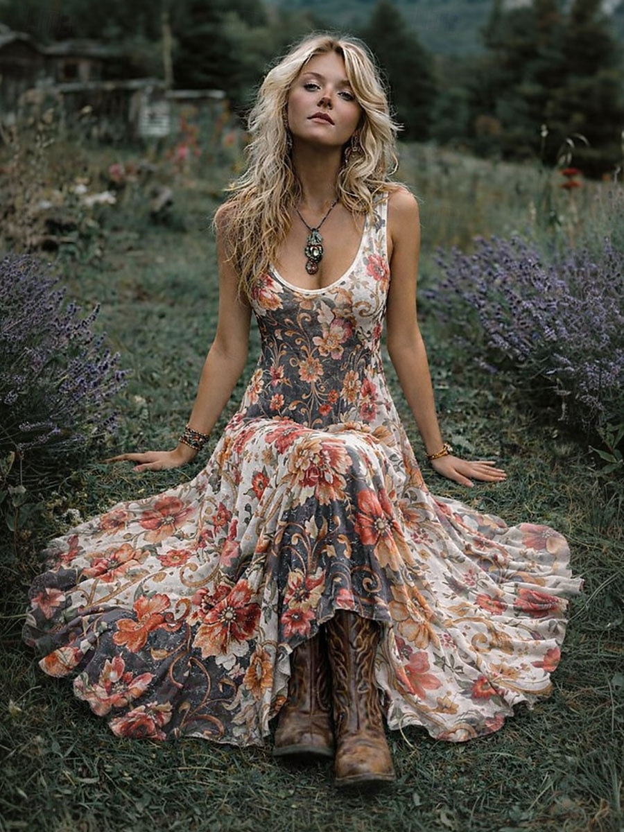 crew neck boho dress Women's Midi Dress Boho Dress Casual Dress Swing Dress Summer Dress Vintage Beach Regular Fit Floral Graphic Sleeveless Crew Neck Black White Pink