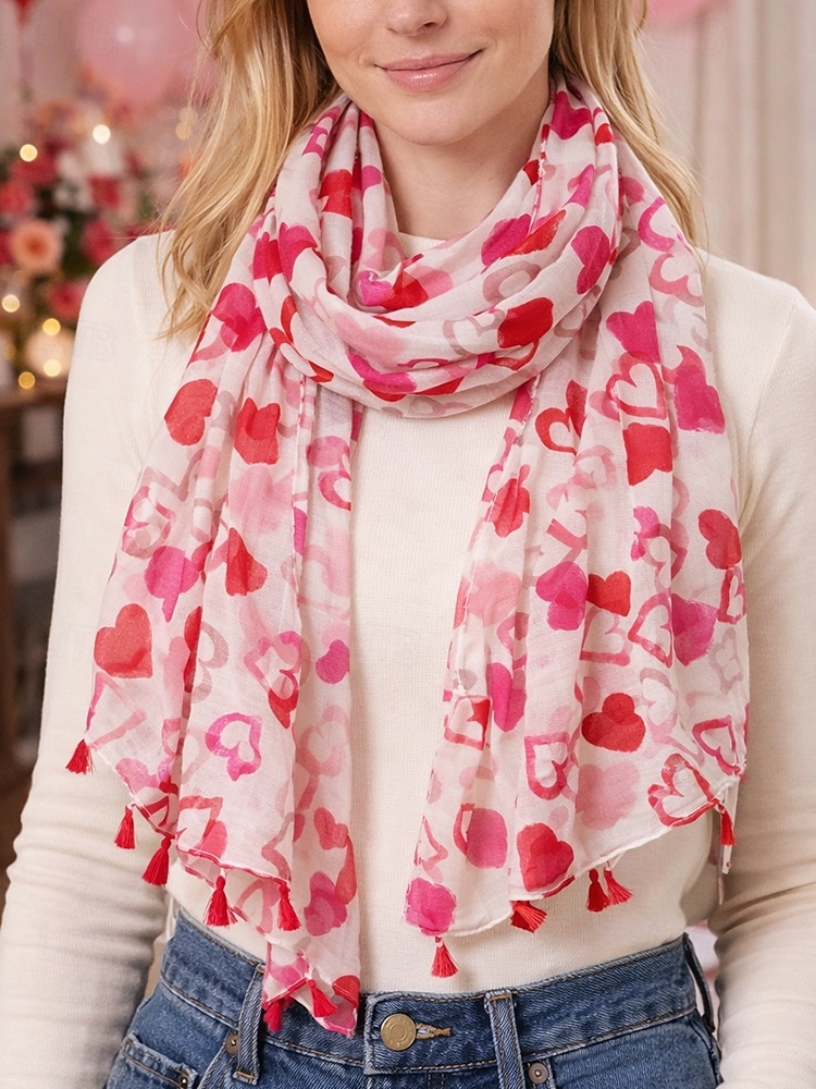 Écharpe légère en polyester à imprimé cœurs avec pompons, douce et romantique, idéale pour la Saint-Valentin, les soirées en amoureux, le quotidien et les superpositions de saison. de 2026 ? $14.99 –P2