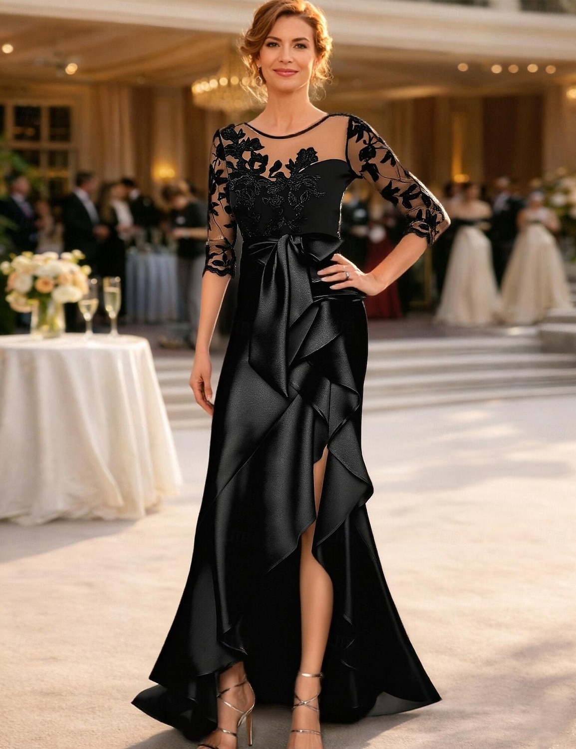 black asymmetrical party dress Emily | Black Asymmetric Split Maxi Dress With Mesh Detailing