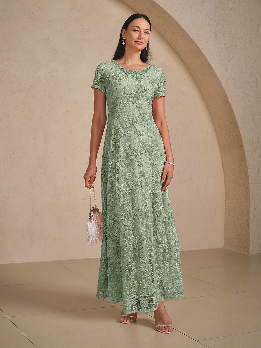 Mujer Vestido maxi Vestido de una línea Elegante Fiesta de Noche Acordonado Lentejuelas Ajuste regular Floral Manga Corta Cuello Barco Verde salvia 2026 - $149.99 –P5
