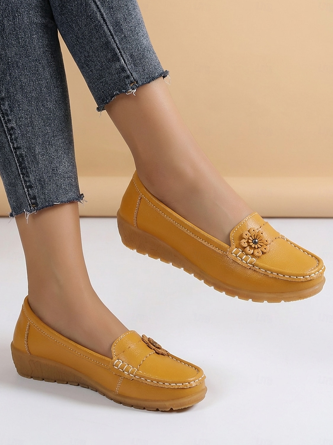 Kvinnors gula komfortmockasiner – låtsasläder med blommor avslappnad stil för promenader arbete shopping resor och vardagligt bruk 2026 - $24.99 –P2