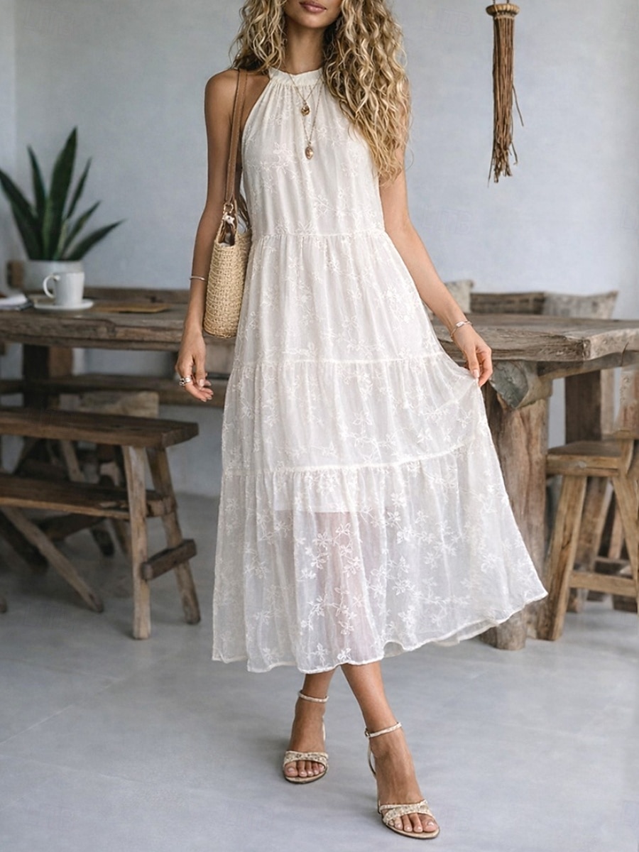 Mujer Vestido maxi Vestido de una línea vestido halter Vestido con hombros descubiertos Casual Exterior Noche Ajuste regular Floral Sin Mangas Cuello halter Albaricoque Verano Primavera 2026 - $37.99 –P3