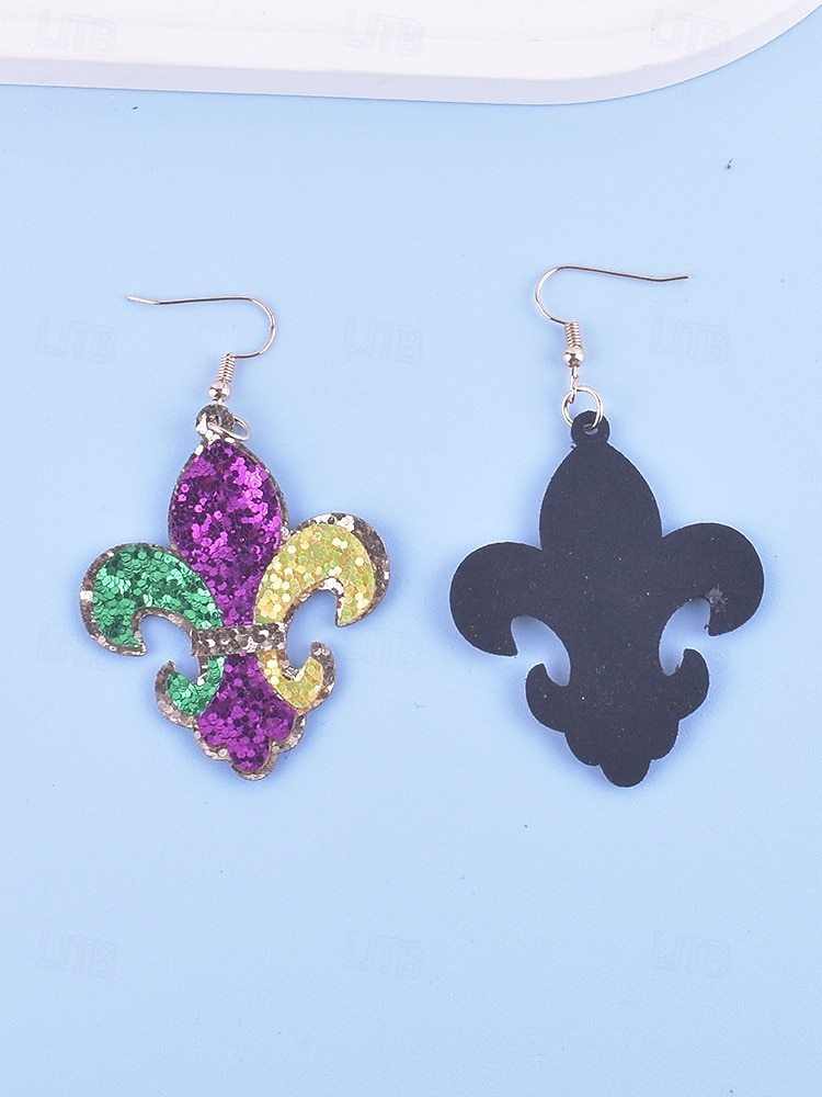 Brincos femininos de couro sintético com flor-de-lis em três cores, vibrantes em roxo, verde e amarelo, com design brilhante, perfeitos para a celebração do Mardi Gras. de 2026 por $9.99 –P3