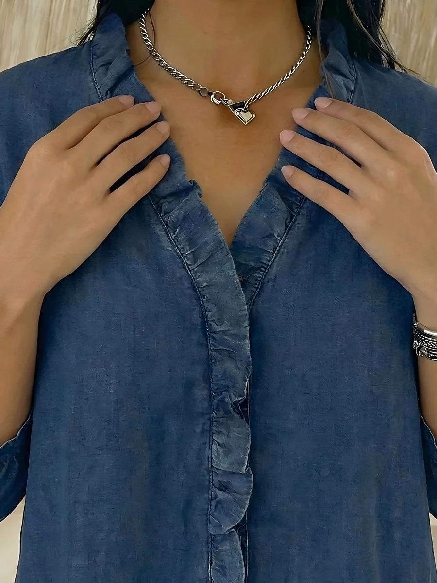 Per donna Camicia Estiva Camicia casual Blusa Volant Tinta unica Vacanza Vintage Elegante Manica 3/4 Scollo a V Top Regolari Quotidiano All'aperto Ferie Blu Nero Blu marino Albicocca Grigio Primavera del 2026 a $29.99 –P2