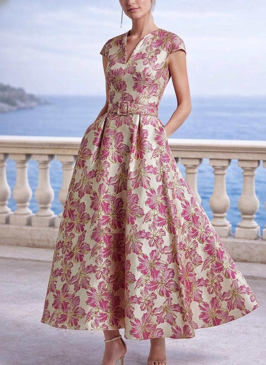 A-الخط طول الكعب فساتين متنوعه أنيق زهري كم قصير V رقبة حفلة في الحديقة زفاف جيبة قماش الجاكار مع طباعة الأزهار طيات جيبة 2026 - $152.99 –P1