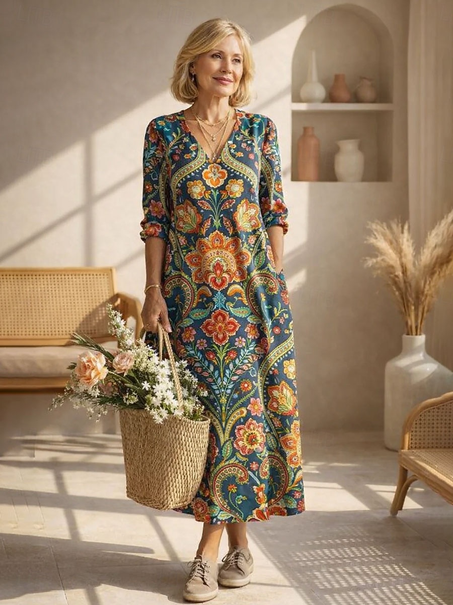 Abito Midi da Donna in Lino Leggero e Traspirante Vestito da Sole Abito Shift Casual Festa Vacanza Vestibilità Regolare Grafica Paisley Maniche Lunghe Collo a V Blu Rosa Rosso Verde Estate Primavera del 2026 a $41.99 –P4