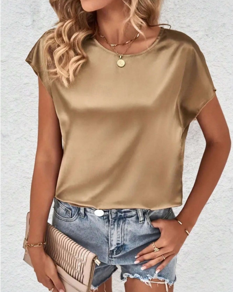 Per donna Elegant Top in raso Camicia in raso Top estivi Tinta unica Semplice Vintage Elegante Classico Manica Corta Girocollo Top Regolari Quotidiano Ferie Uscire Nero Rosa Cammello Verde Estate del 2026 a $7.49 –P9