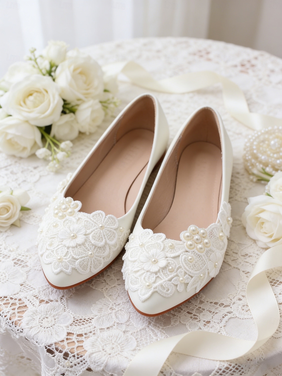 Women's Ivory Lace Ballet Flats with Floral Appliqué, Elegant Bridal Shoes for Bride at Church Wedding Ceremony 2026 - $54.99 –P3