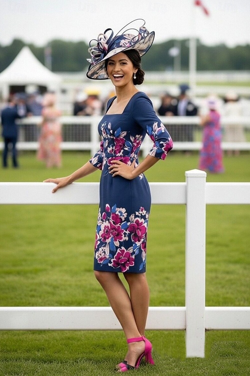 Funda Columna Hasta la Rodilla Vestido Cóctel Vestido Invitada Boda Vestido Derby Vestido de Madrina Manga 3/4 Escote Cuadrado Elegante Formal El derby de Kentucky Satén con Estampado flor 2026 - $183.99 –P3