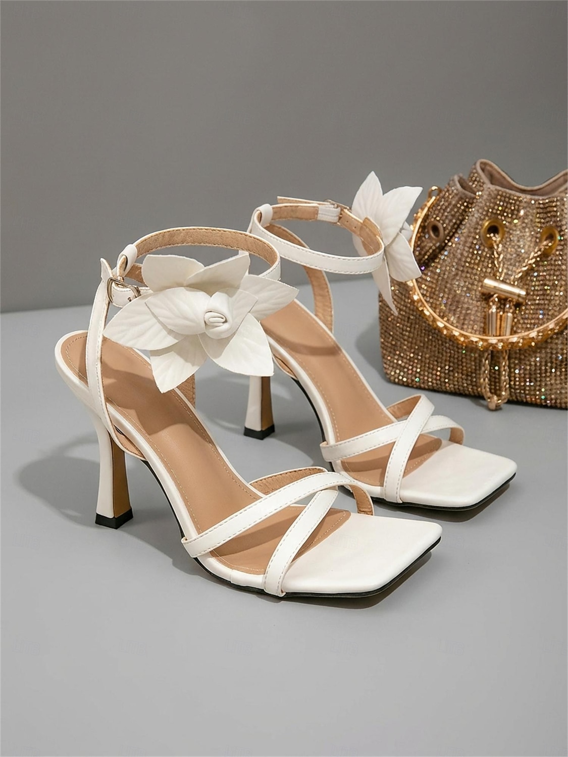 Women's White Bridal Sandals - Elegant Square Toe High Heels with Large Floral Ankle Detail for City Weddings, Modern Brides & Formal Receptions 2026 - $54.99 –P3