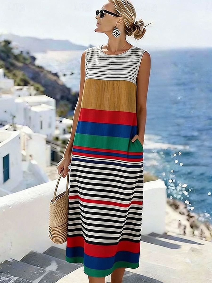 Kvinnors Midi Klänning Linne Likt Sommardress Skift Klänning Semester Avslappnad Strand Utgång Regelbunden Passform Grafisk Geometrisk Ärmlös Rund Hals Blå Gul Röd Sommar Vår 2026 - $37.99 –P3