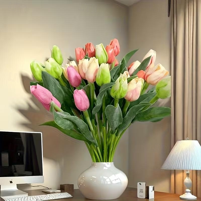 2026年 人工チューリップ20個 - リアルなピンク、黄色、白、オレンジのフェイクチューリップ。サイズは15.35インチ。プラスチック製。自宅、オフィス、結婚式、母の日、イースター、クリスマスに最適です。  コレクション – $22.99 –P1