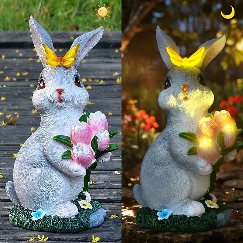 Pääsiäispupu tulppaaneilla ja perhoshartsihahmolla, ulkokäyttöön tarkoitettu aurinkoenergialla toimiva vedenpitävä puutarhakoriste, pihapolun nurmikon valaistus, söpö eläinpatsas maatilalle, maiseman 2026 - $34.99 –P4