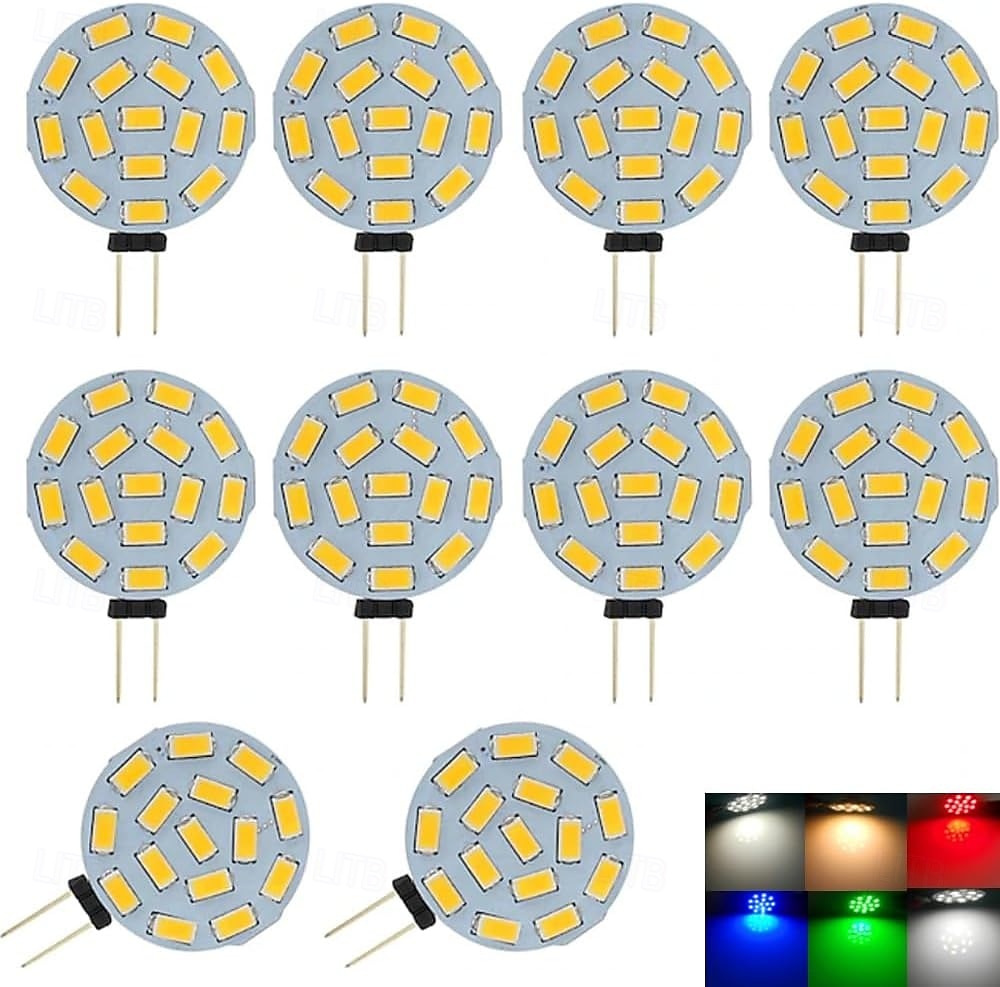 G4 LED izzó, fehér/piros/kék/zöld színű kéttűs LED korong, JC oldalsó érintkezővel, 12V-24V AC/DC alacsony feszültség, CRI 85, 350 lumen 10 db 2026 - $52.99 –P1