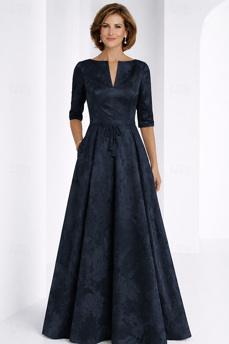 Corte A Hasta el Suelo Vestido Invitada Boda Vestido formal Vestido de la Llamarada Vestido de Madrina Media Manga Escote en Pico Elegante Vintage Formal Jacquard con Lazo(s) 2026 - $185.3 –P4