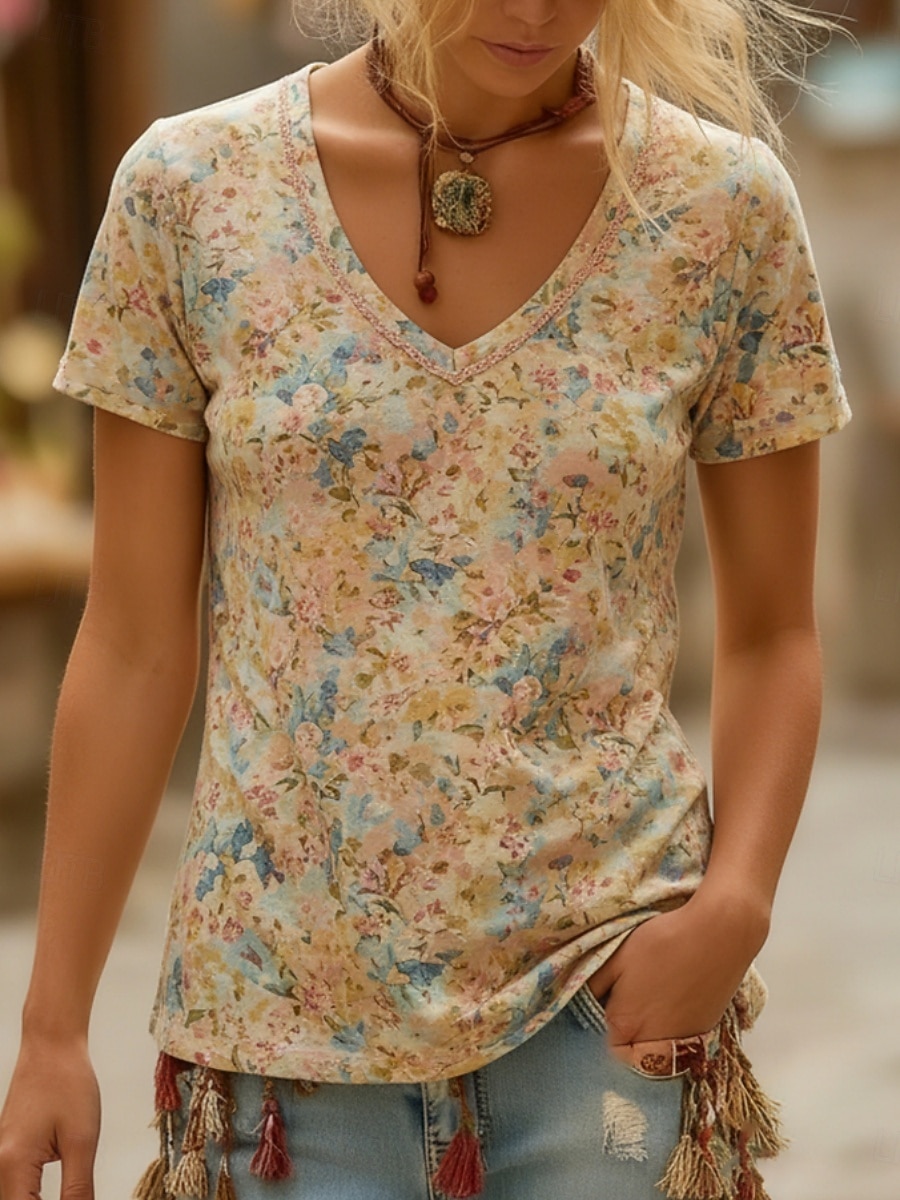 Women's Boho Shirt T Shirt Print Floral Graphic Bohemia Vintage Casual Short Sleeve V Neck Long Tops Daily Pink Sky Blue Khaki Summer Spring 2026 - $26.99 –P4