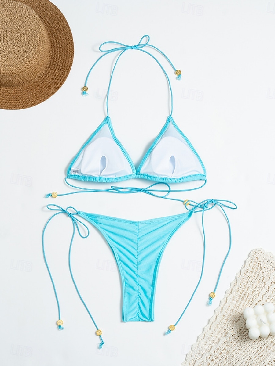 Damen Badeanzug Bikini Zweiteilig Tanga Bademode Schlank Rückenfrei Urlaub Strandbekleidung Einfarbig V Ausschnitt Ärmellos Badeanzüge 2026 - $22.99 –P14