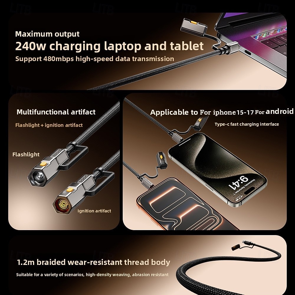 2026年 240W 4-in-1フラッシュライト点火マルチ機能データケーブル2パックApple 17 Proファーウェイシャオミ3.94フィート対応  コレクション – $19.99 –P1