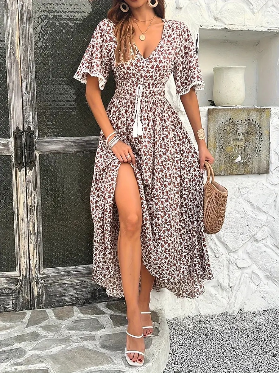 Women's Long Dress Maxi Dress A Line Dress Floral Dress Elegant Fashion Modern Daily Outdoor Vacation Regular Fit Floral Short Sleeve V Neck Blue Black Brown Summer Spring 2026 - $34.99 –P15