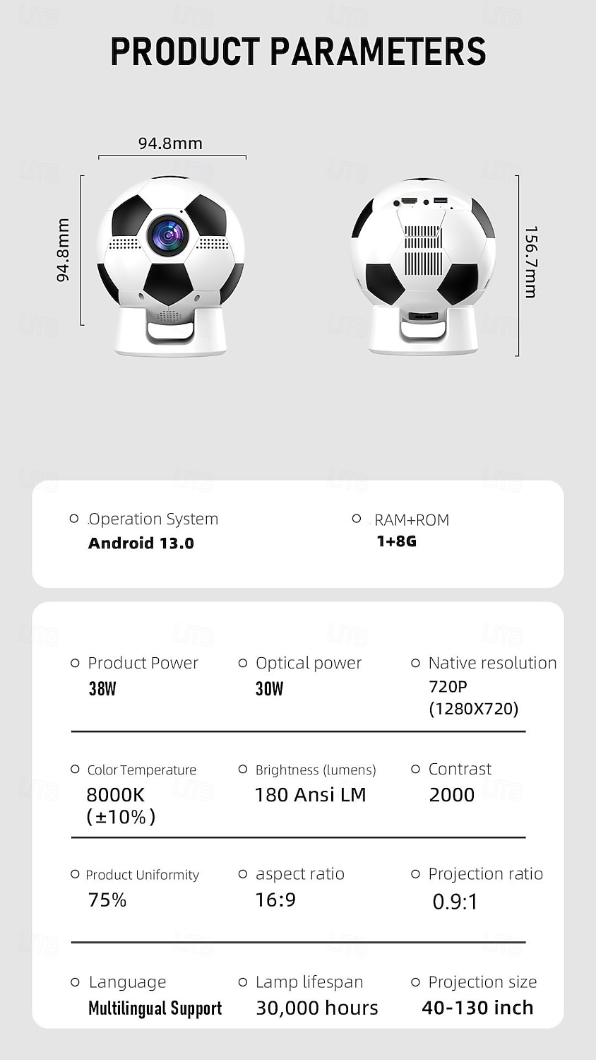 Новый проектор в футбольном стиле YT600, разрешение 1280*720, Android 13.0, компактный размер, Bluetooth 5.4, поддержка Bluetooth-аудио. 2026 - $103.99 –P8