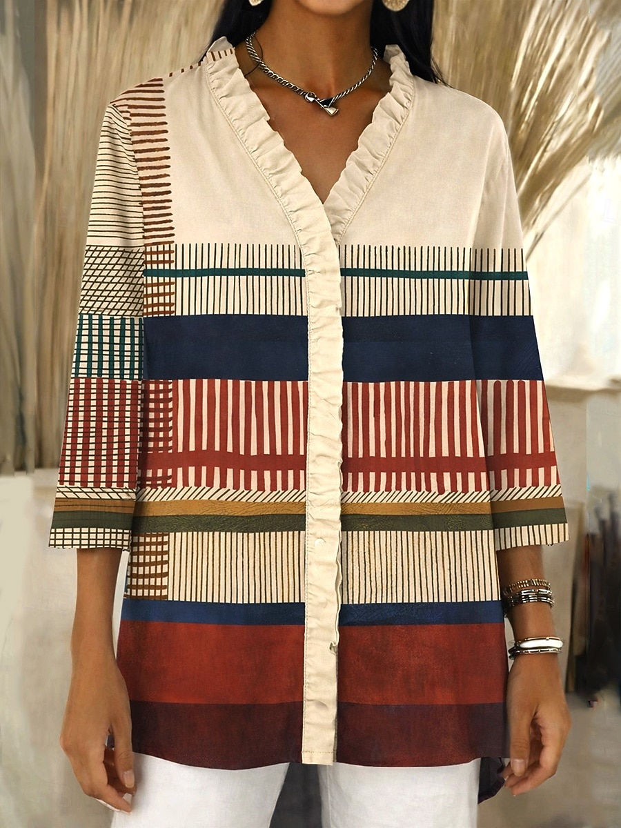 Per donna Camicia Camicia Boho Arricciato Volant Ombre Grafico Geometrico Elegante Vintage Quotidiano Manica Lunga Scollo a V Top lunghi Quotidiano Lavoro Ferie Rosa Verde Cachi Estate Primavera del 2026 a $29.99 –P2
