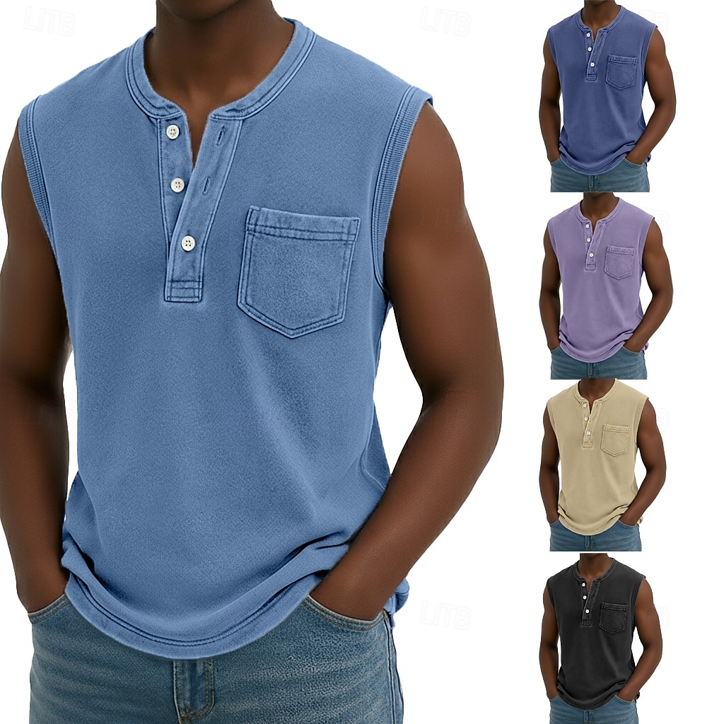 Débardeur pour homme SoftFade™ sans manches chemise sans manches Henley été printemps uni basique poche style vintage teinture en pièce vacances street décontracté quotidien noir haut Tee pour hommes de 2026 ? $23.99 –P1