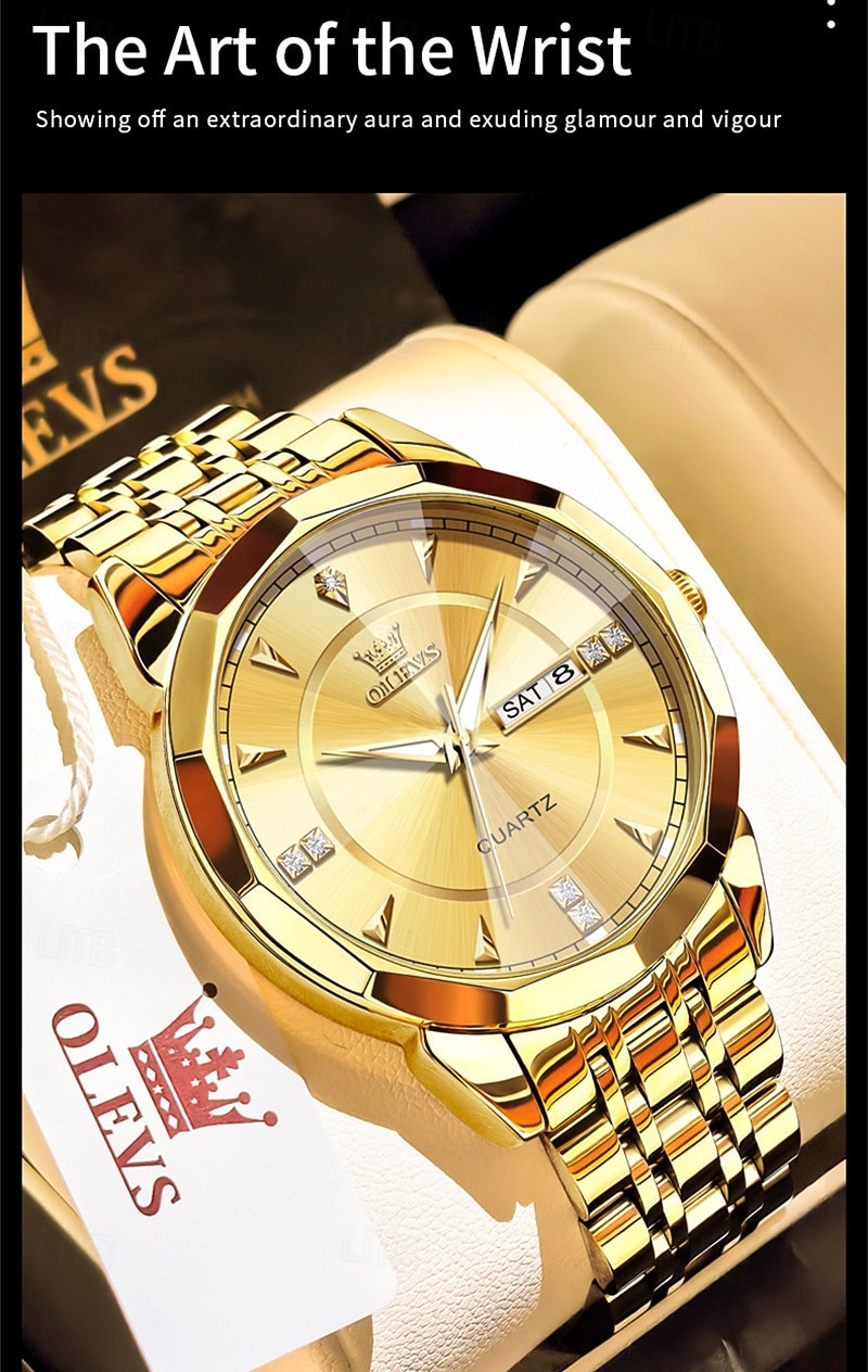 Ny Olevs herreklokke for forretningsbruk, kvarts, med lysende kalender og ukevisning, diamantbesatt, uformell og moteriktig vannavstøtende sportsklokke for menn 2026 - $39.99 –P1