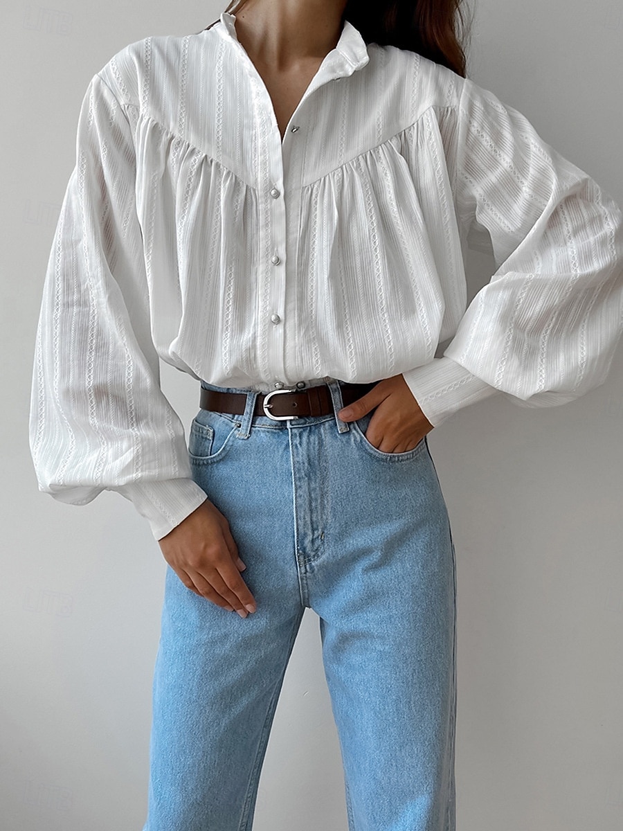 Damen Hemd Sommeroberteile Bluse Kunstbaumwollleinen Gerafft Patchwork Knöpfe Einfach Elegant Damen Klassisch Langarm Puffärmel Hoher Ausschnitt Normale Oberteile Täglich Arbeit Ferien Weiß Sommer 2026 - $48.99 –P1