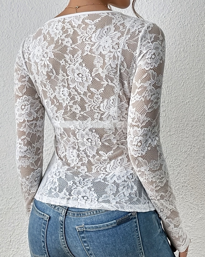 Per donna Blusa Top in pizzo Pizzo Floreale Semplice Elegante Sexy Moderno Manica Lunga Scollo a V Top Regolari Quotidiano Ferie Uscire Blu Nero Bianco Vino Verde Estate Primavera Autunno Inverno del 2026 a $8.49 –P5