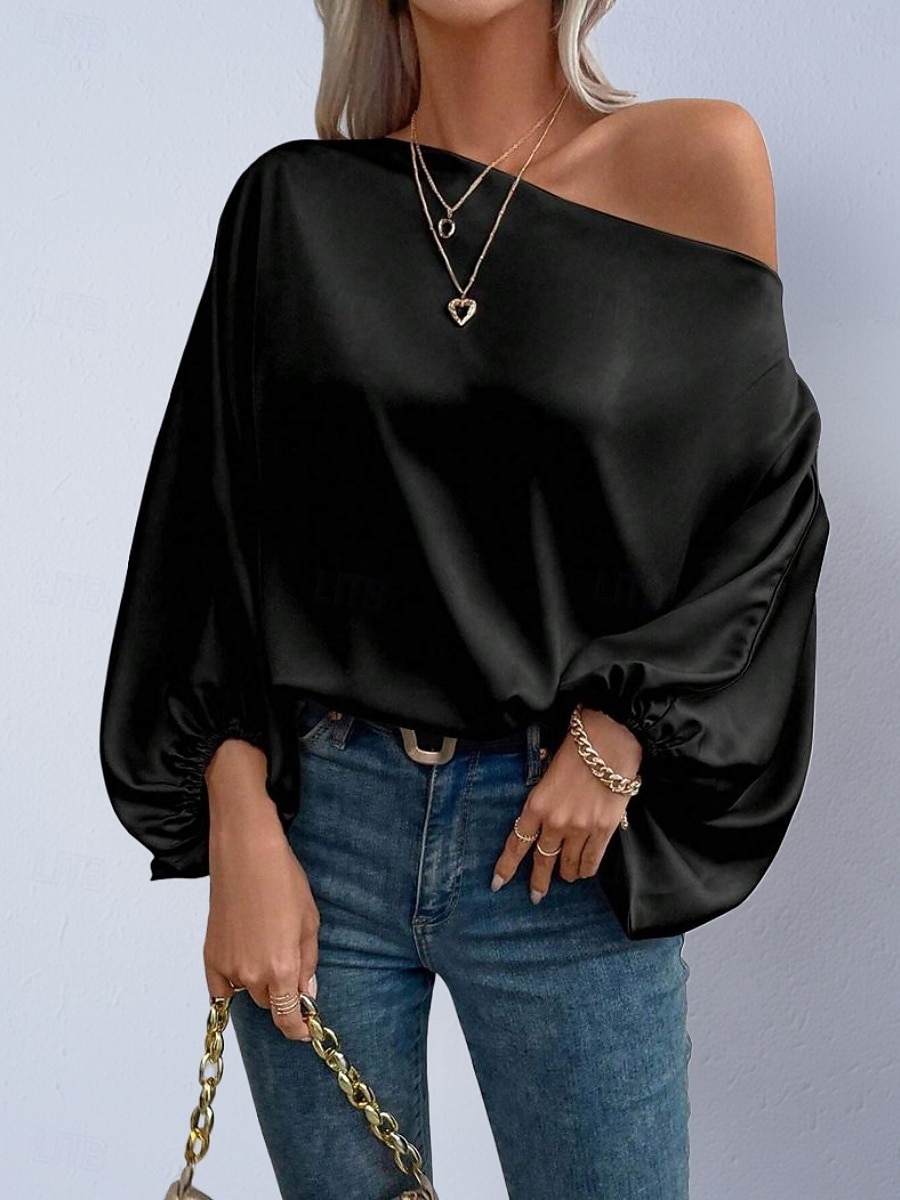 Dames Overhemd Satijnen overhemd Blouse Tops met blote schouders Effen Stijlvol Klassiek Modern Lange mouw Schouderafhangend Normale tops Dagelijks Feestdagen Uitgaan blauw Zwart Blozend Roze Rood 2026 - $27.99 –P9
