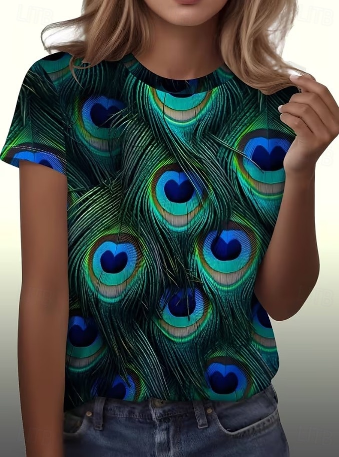 Per donna Maglietta Stampato Floreale Grafico Animale Vintage Elegante Classico Manica Corta Girocollo Top Regolari Quotidiano Weekend Blu Blu Reale Verde scuro Viola Beige Estate Primavera del 2026 a $22.99 –P4