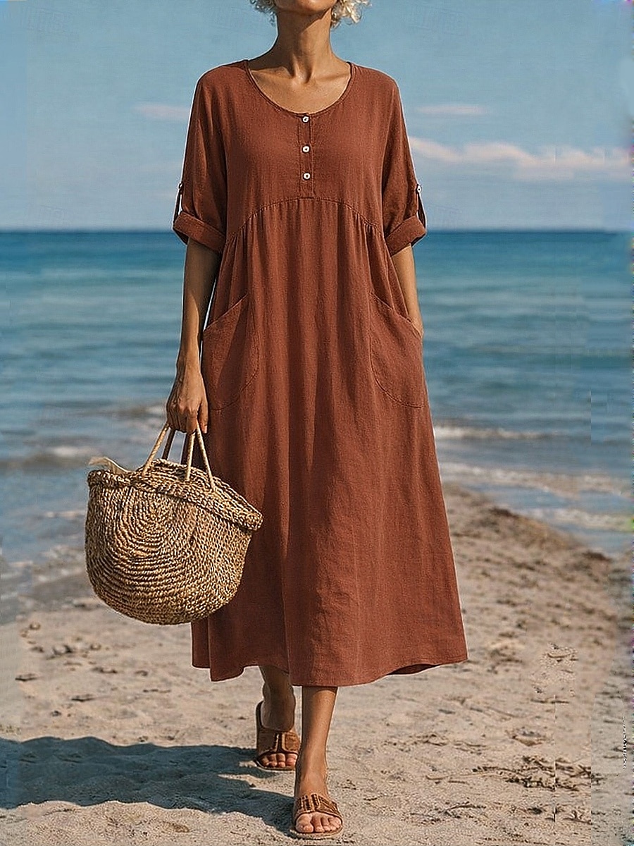 Women's Maxi Dress Linen-feel Dresses Shift Dress Summer Dress Casual Daily Loose Fit Plain Long Sleeve V Neck Blue Black Dark Red Summer Spring Fall 2026 - $33.99 –P4