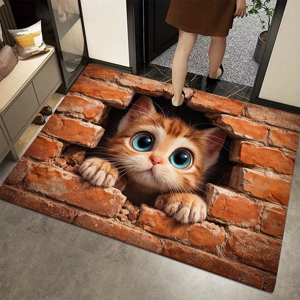 Felpudo con ilusión 3D de gatito, impresión 2D de un gato asomándose a través de una pared de ladrillos para una entrada divertida y original, perfecta para los amantes de los gatos. 2026 - $17.99 –P4