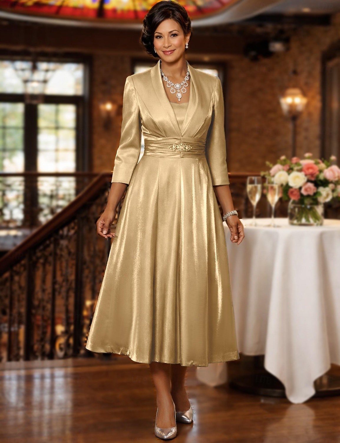 Duas Peças Linha A Longuette Vestido de convidada de casamento Vestido Para Mãe dos Noivos Manga 3/4 Decote Quadrado Elegante Vintage Tamanhos Grandes Convidado do casamento Vestidos de jaqueta com de 2026 por $172.99 –P8