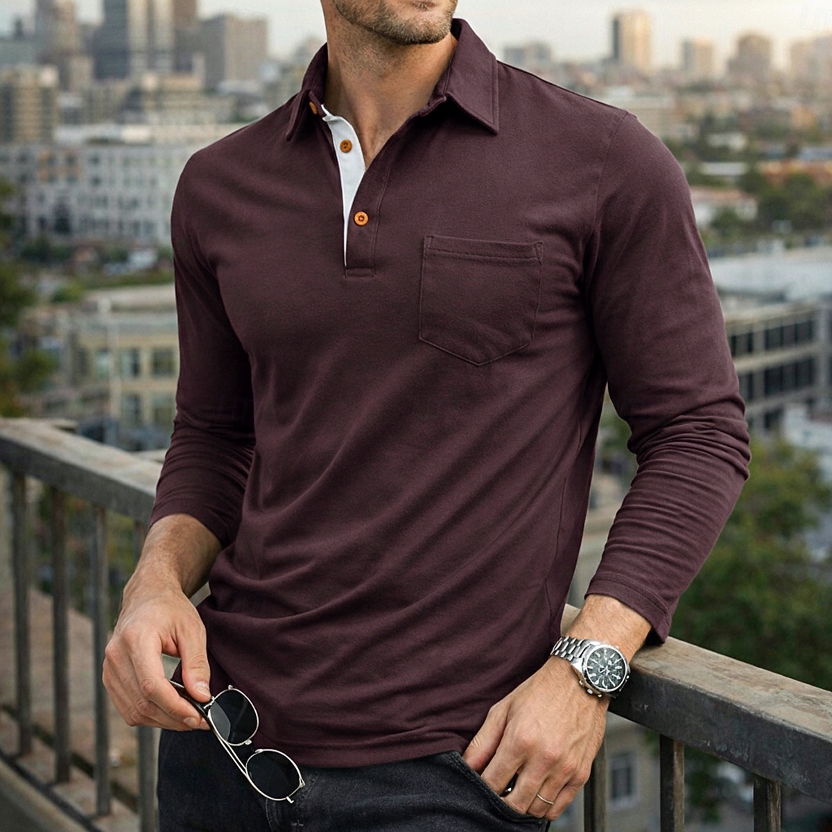 Herren Poloshirts Golf Poloshirts Lässig Arbeit Klassisch Langarm Farbblock Knöpfe Sommer Frühling Frühling & Herbst Normale Passform Blau Schwarz Wein Purpur Armeegrün Kaffee Poloshirts 2026 - $27.99 –P11