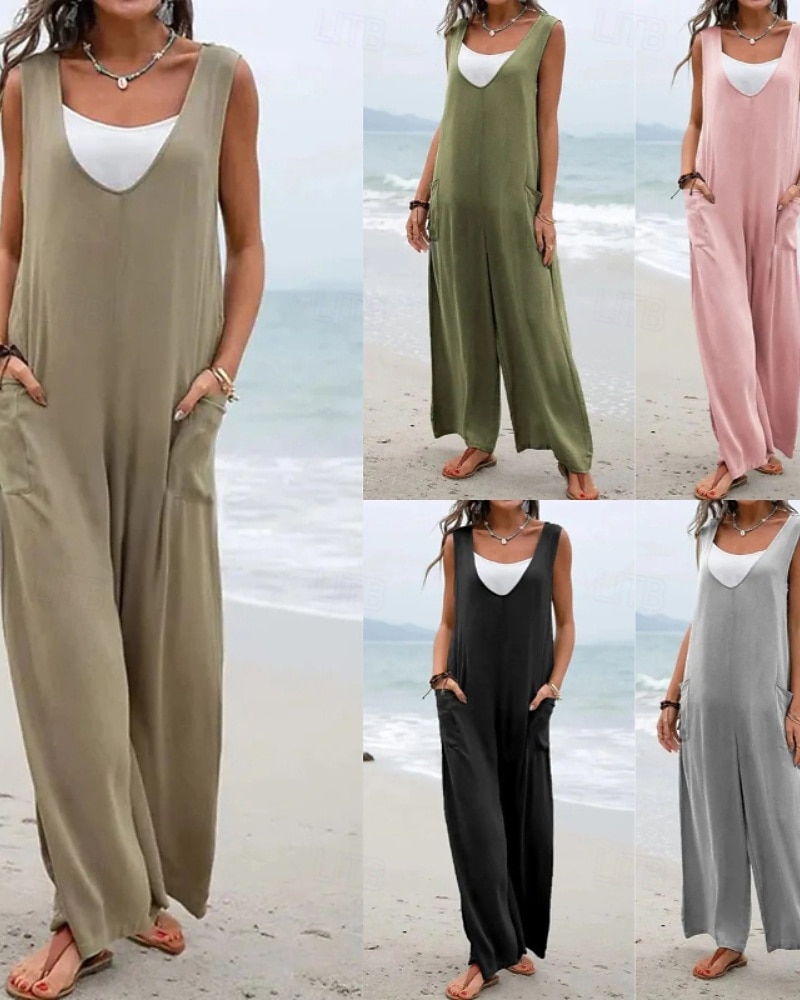 Per donna Normale Tuta Attivo Tinta unica Senza Maniche Gamba larga Scollo a V Tasca Quotidiano Vacanza Vestibilità comoda Nero Rosa Verde Estate del 2026 a $28.99 –P1