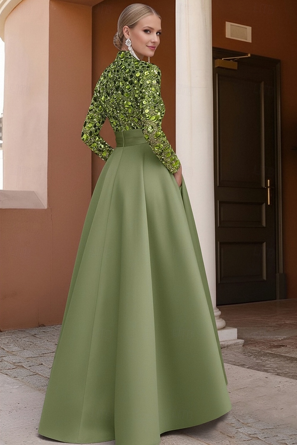 A-Line Asymmetrical Evening Gown Elegant Color Block Glittering Long Sleeve V Neck Wedding Formal Pocket Satin Sequined with Glitter Pocket 2026 - $182.99 –P2