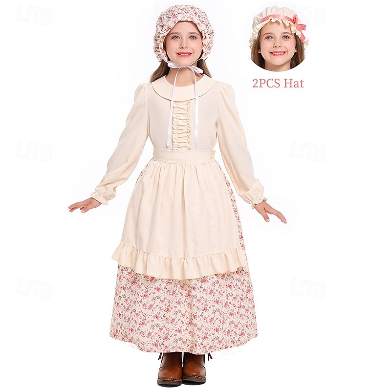 250º Aniversario de EE. UU. Siglo 19 década de 1800 Vestido de la pradera Conjunto de gorro y delantal Larga Chica pionera Colonial Pionero Guerra Revolucionaria Estampado Floral Disfraz Chica 2026 - $39.99 –P1