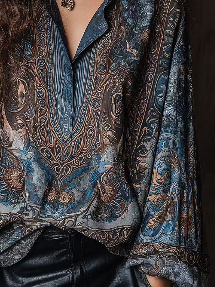 Mujer Camisa Camisa casual Cachemir Vintage Elegante Clásico Manga Larga Escote en Pico Tops regulares Diario Festivos Noche Azul Piscina Primavera Otoño 2026 - $61.99 –P4
