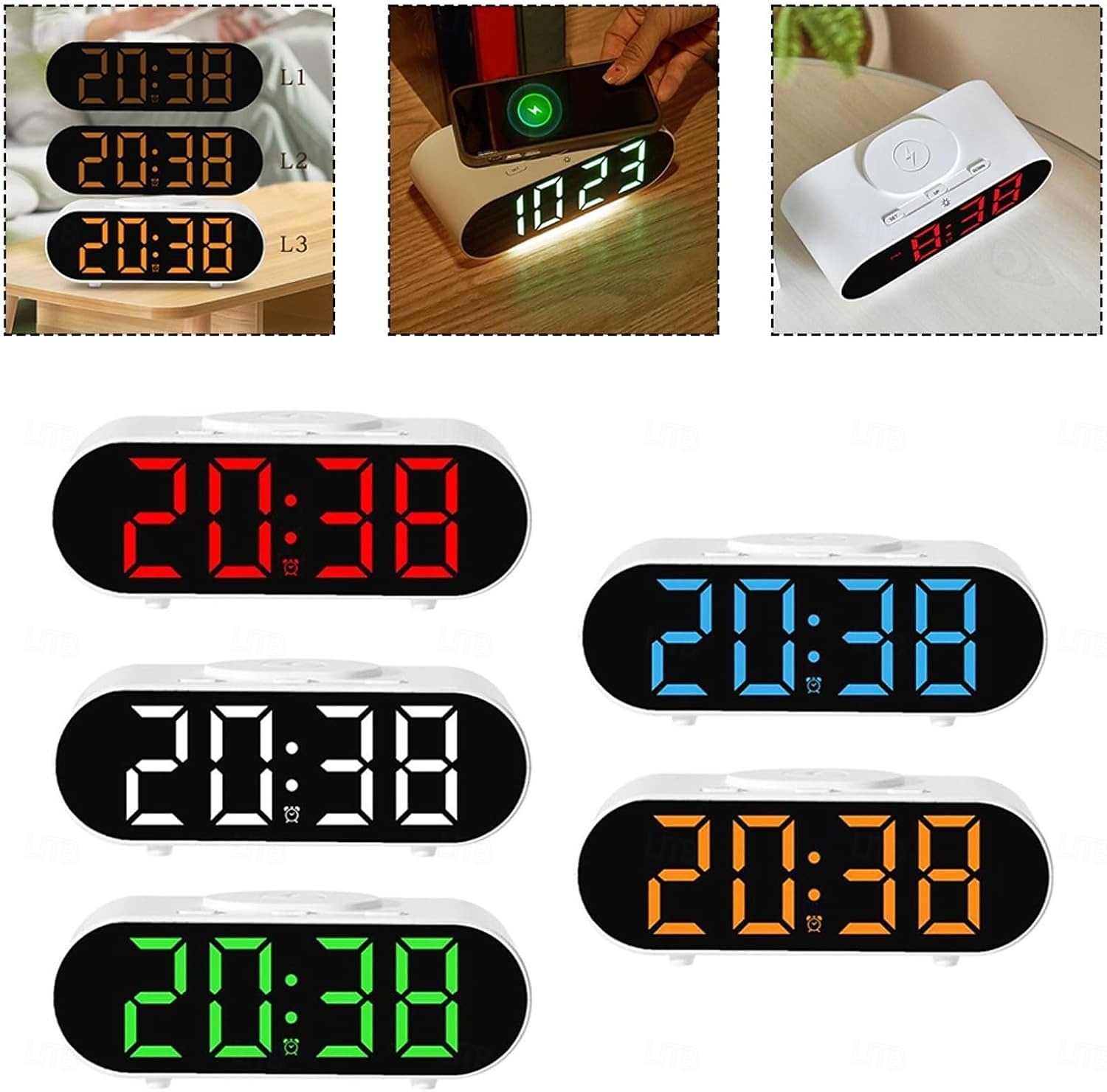 Monitoiminen herätyskello langattomalla latausalustalla yöpöydälle, pikalataus, kaksoisherätys ja torkkutoiminto, moderni digitaalinen kello kotitoimistokäyttöön 2026 - $30.99 –P3