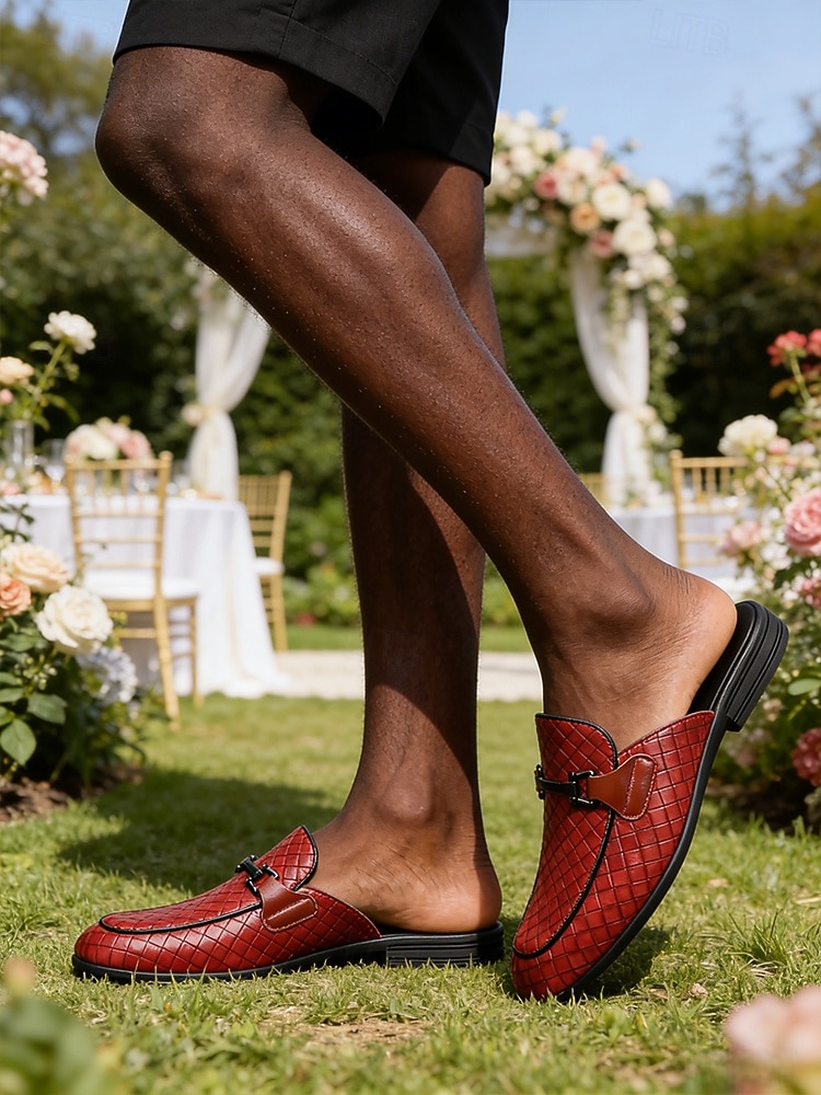Röda slip-on loafers för män, krokodilpräglad ovandel, rygglös mule-design, elegant smart casual-stil för strandbröllop, trädgårdsceremonier och sommarevenemang 2026 - $42.99 –P2