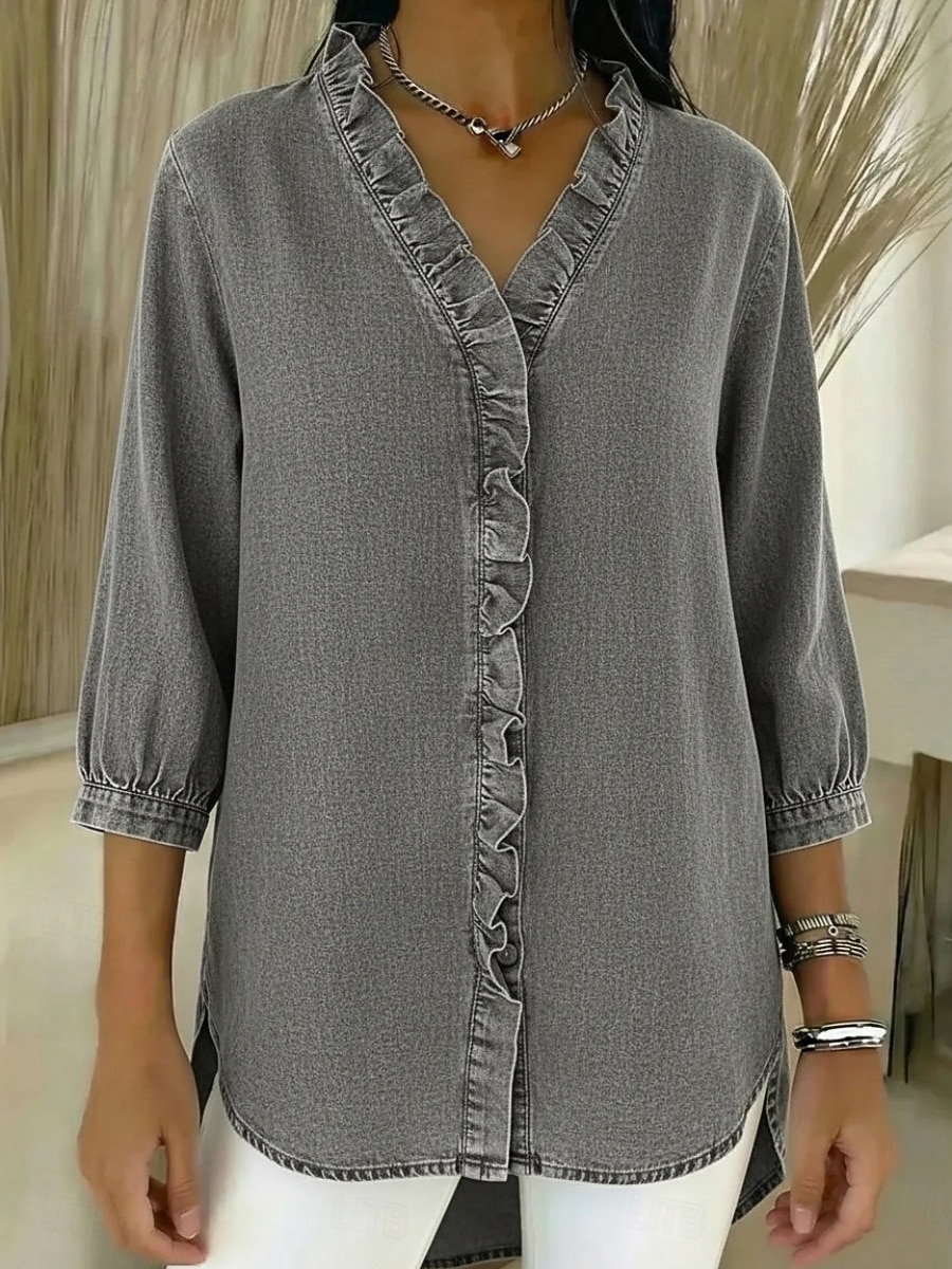 Per donna Camicia Estiva Camicia casual Blusa Volant Tinta unica Vacanza Vintage Elegante Manica 3/4 Scollo a V Top Regolari Quotidiano All'aperto Ferie Blu Nero Blu marino Albicocca Grigio Primavera del 2026 a $29.99 –P10