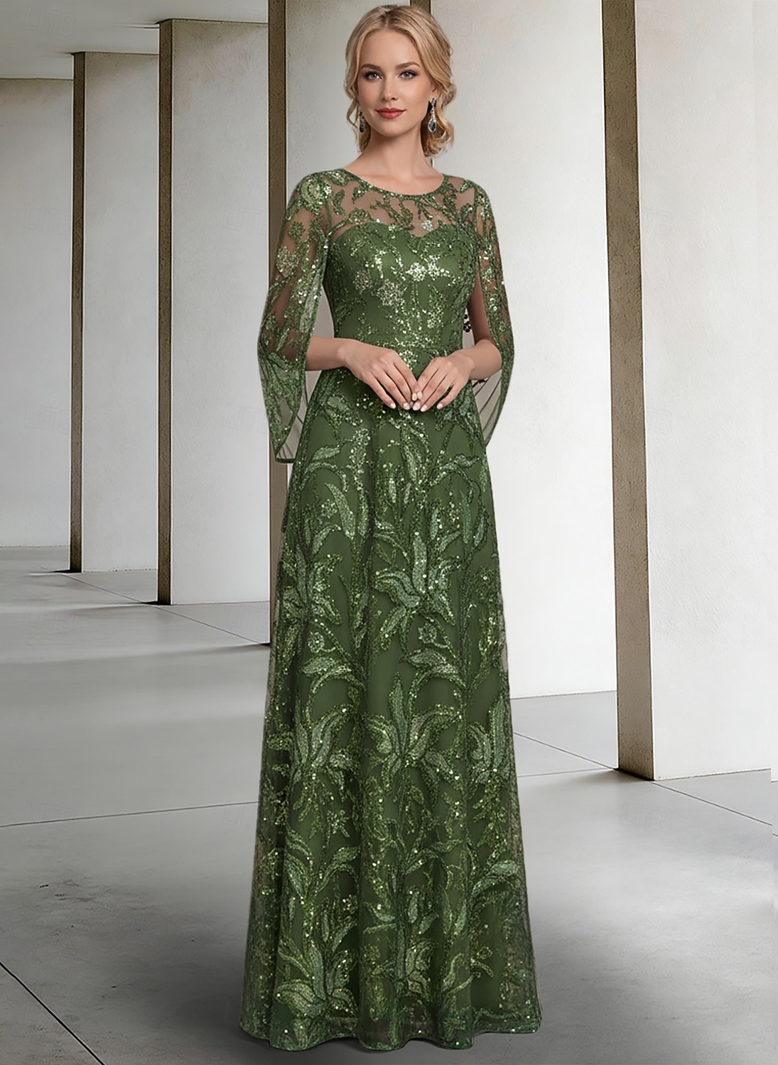 A-Line Floor Length Beaded Eembroidered Shirt Dress Chiffon Dress Mother of  the Bride Dress Short Sleeve Illusion Neck Elegant Vintage Formal Lace with  Lace Sequin Flower 2026 - $179.99
