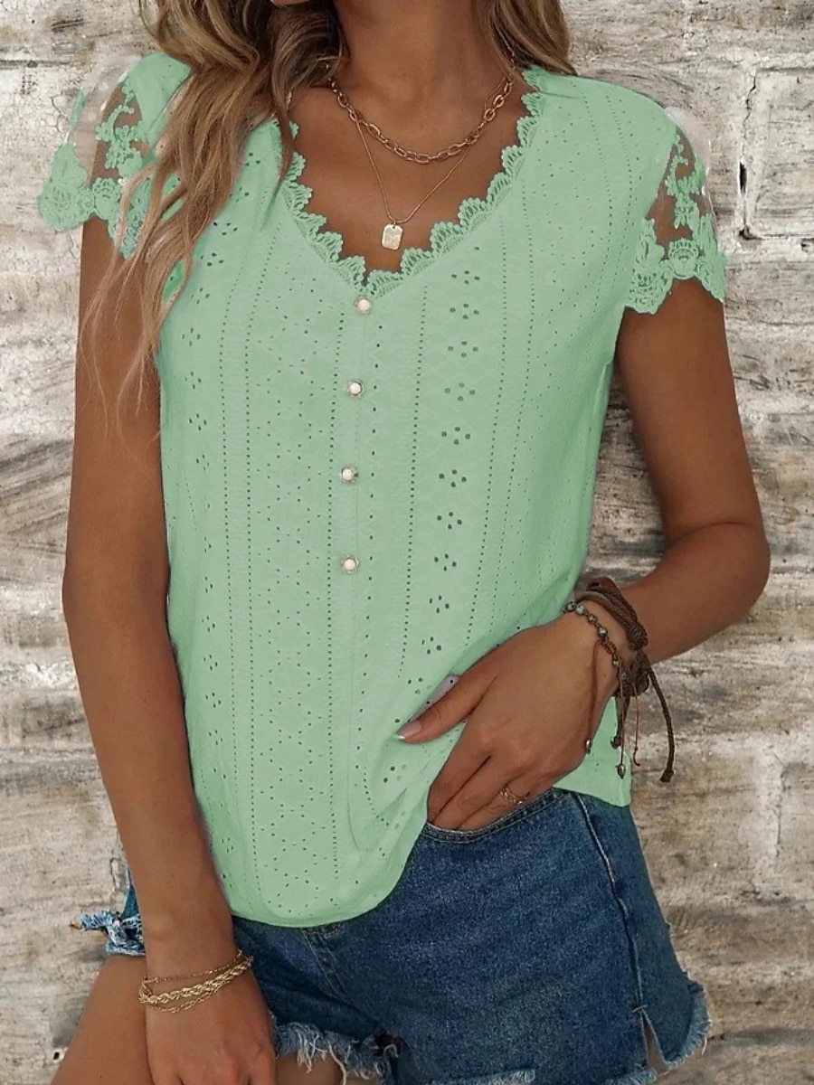Women's Blouse Lace Eyelet Buttons Solid Color Stylish Basic Casual Short Sleeve V Neck Regular Tops Daily Blue Black White Light Green Pink Summer Spring 2026 - $21.99 –P7