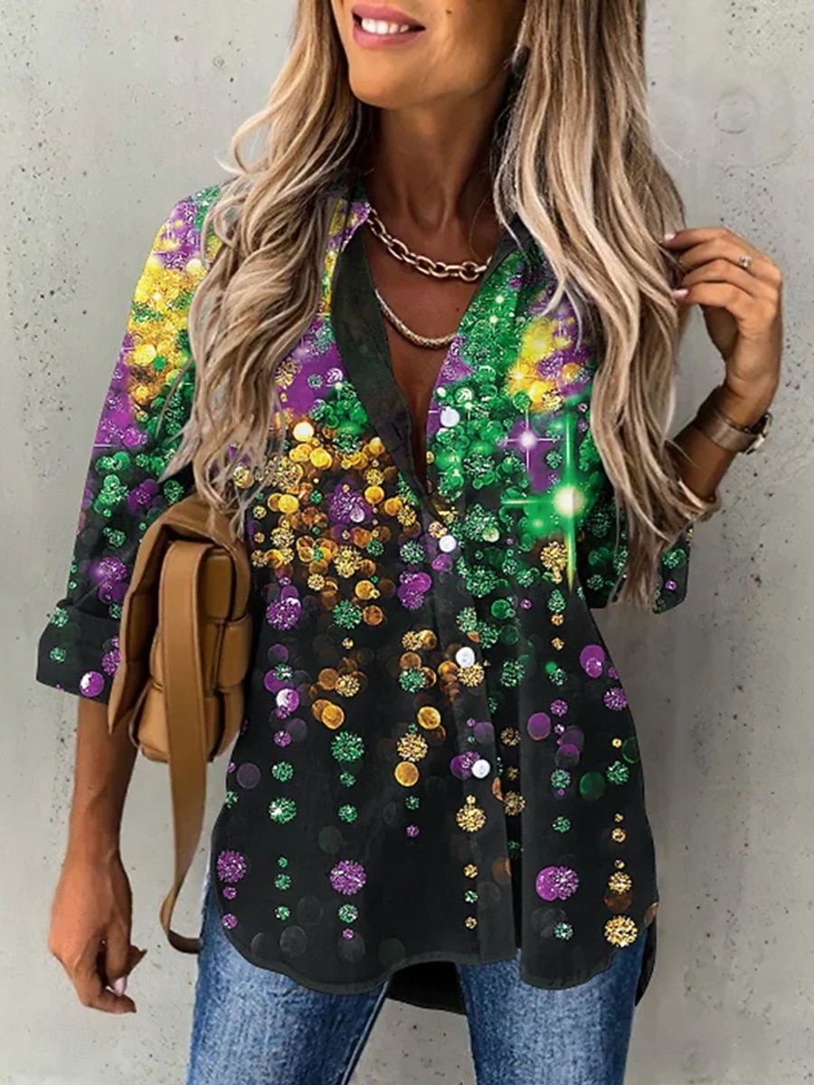 Karnawał Mardi gras Damskie Koszula Bluzka Niejednolita całość Guziki Nadruk Ombre Graficzny Geometryczny Zabytkowe Codzienny Długi rękaw W serek Kołnierzyk koszuli Zwykłe topy Codzienny Biały Zielony 2026 - $32.99 –P1