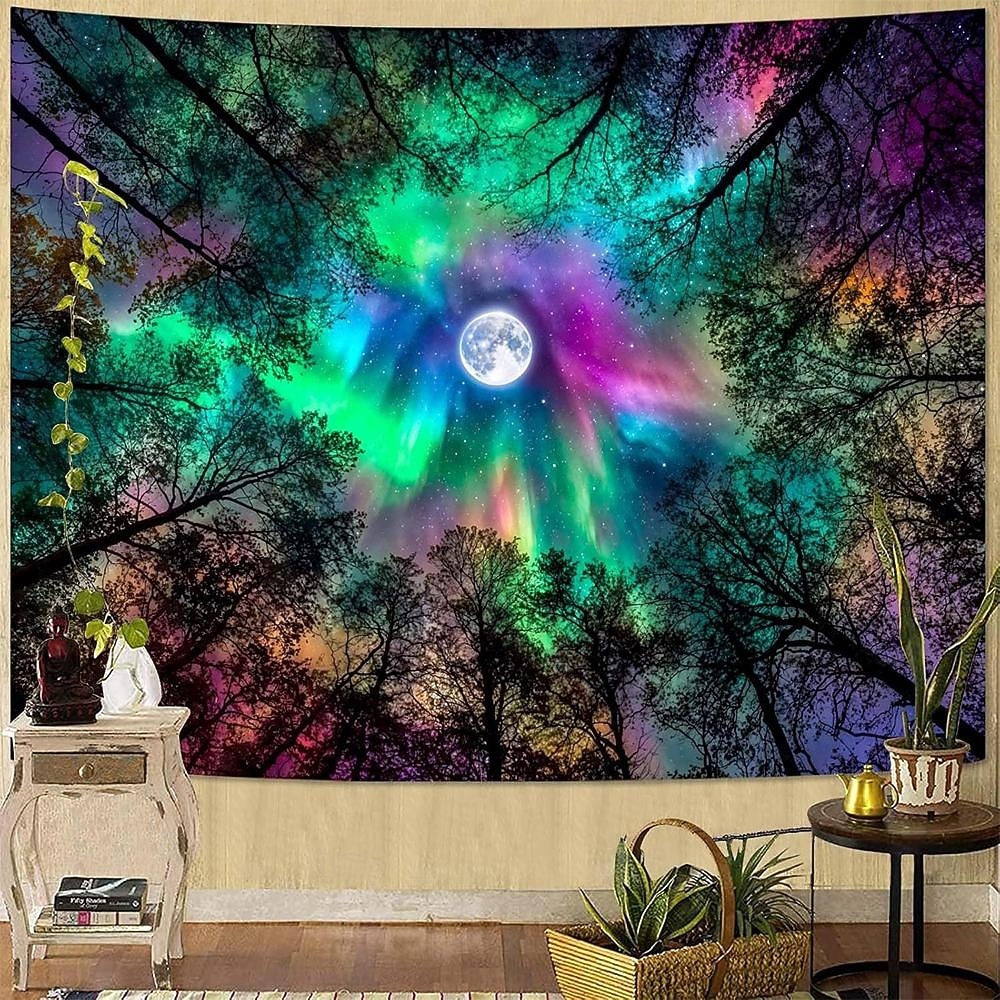 északi fény gobelin telihold erdő fali dekoráció esztétikus galaxis éjszakai égbolt hálószobába nappali jógaterem meditációs tér 2026 - $20.99 –P1