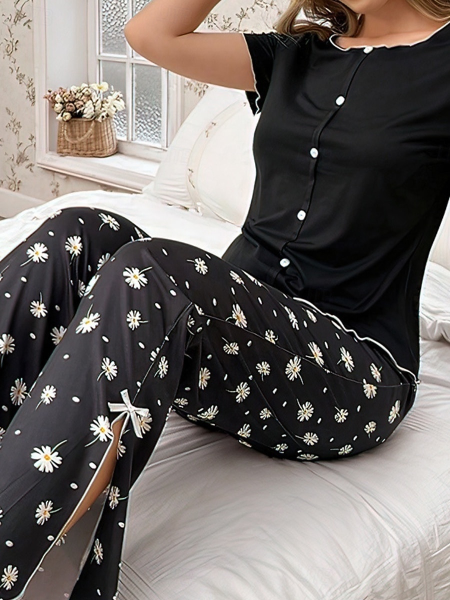 Damen Schlafanzug Set Lässig Komfort Blumen Einfarbig Elastischer Bund Hose Täglich Heim Langarm V Ausschnitt Schwarz Weiß Purpur Grau Sommer Frühling Normale Passform 2026 - $24.99 –P1