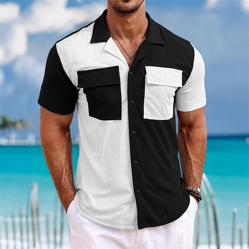 Men's Shirt Waffle Shirt Casual Shirt Work Shirt Button Up Shirt Blue Black Green khaki Gray Short Sleeve Plain Cuban Collar Casual Daily Front Pocket Clothing Apparel Elegant Fashion Casual 2026 - $26.99 –P5