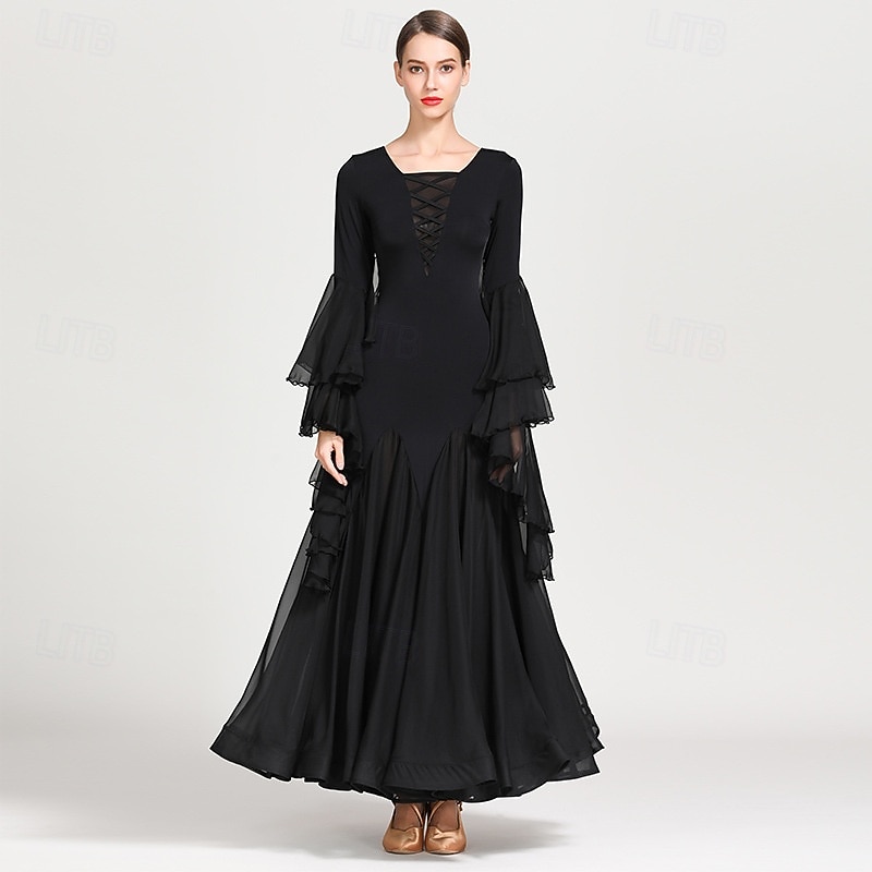 abito da ballo da sala nero da donna con scollo a V, maniche a balze multistrato, abito da valzer, abbigliamento da ballo moderno standard da competizione del 2026 a $161.99 –P1
